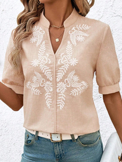 V Neck Embroidered Cotton Blouse Casual Summer Shirt