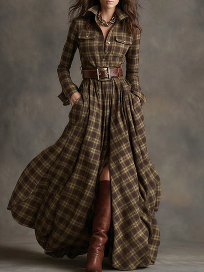 Plus Size Plaid Maxi Shirt Dress Belted Long Sleeve