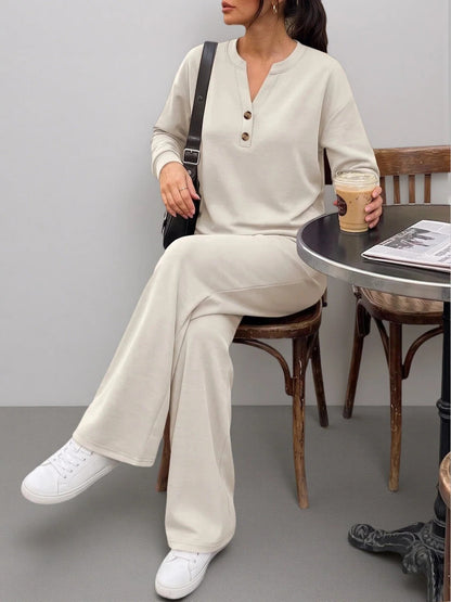 Women's 2 Piece Lounge Set Henley Wide Leg Pants