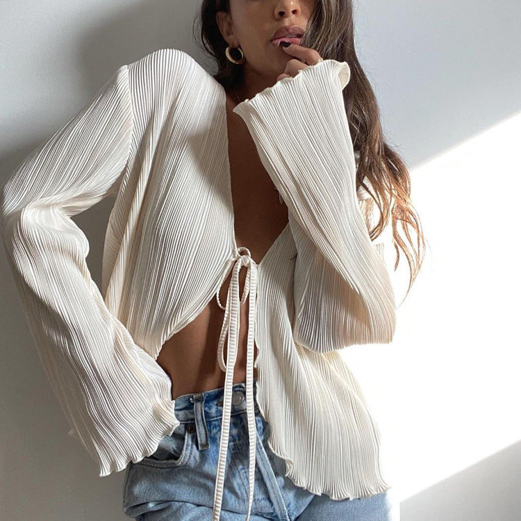 Tie Front Pleated Flare Sleeve Crop Top Blouse