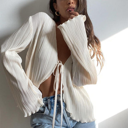 Tie Front Pleated Flare Sleeve Crop Top Blouse