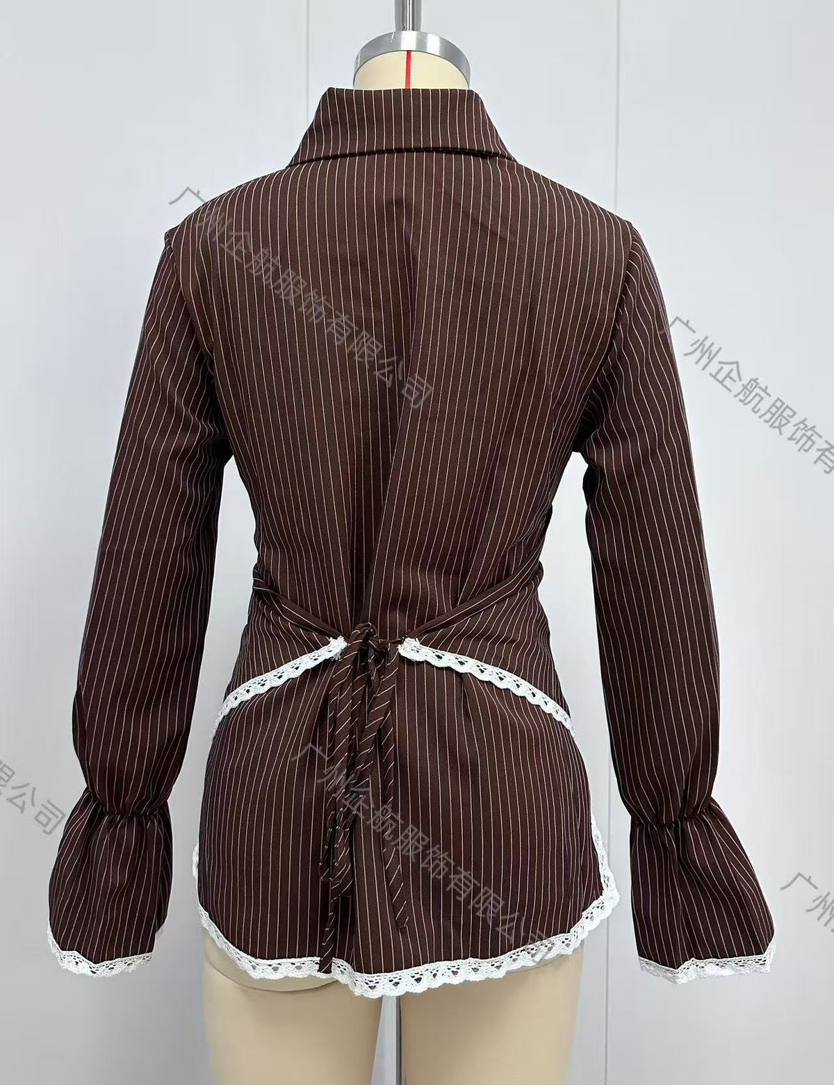 Striped Wrap Shirt with Lace Trim Long Sleeves