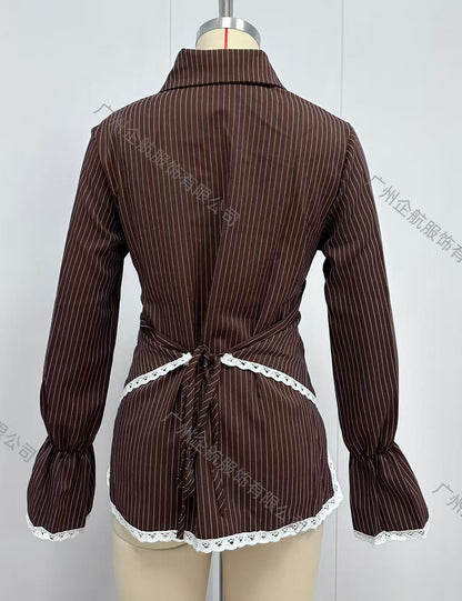 Striped Wrap Shirt with Lace Trim Long Sleeves