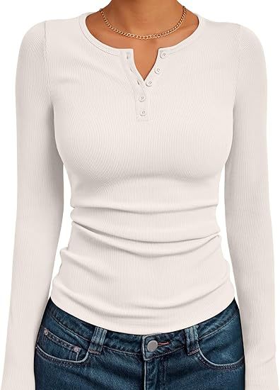Women's Ribbed Henley Long Sleeve Fitted Top