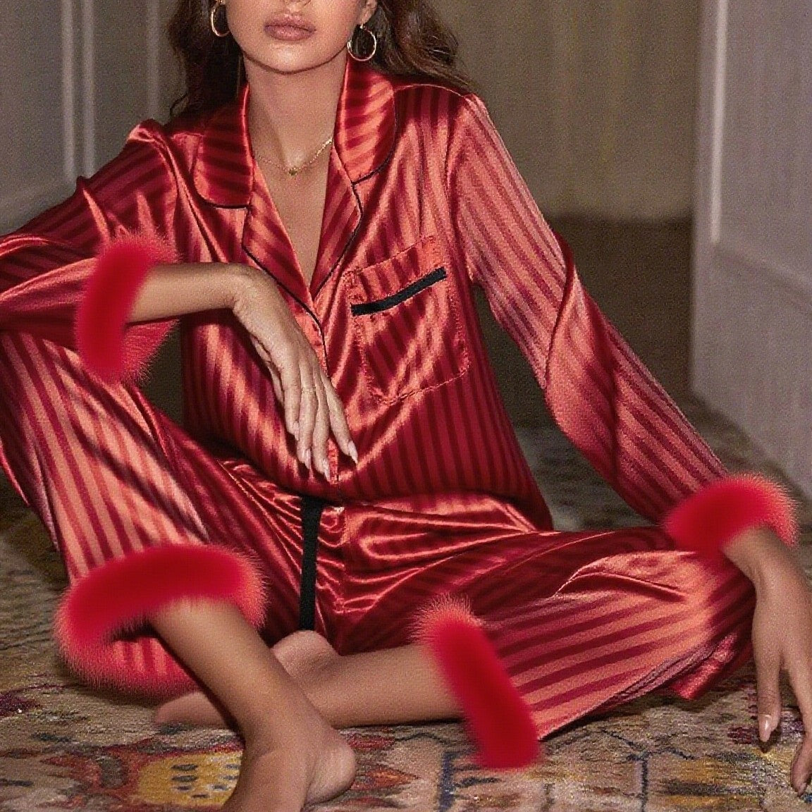 Women's Satin Striped Feather Trim Pajama Lounge Set