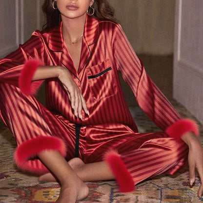 Women's Satin Striped Feather Trim Pajama Lounge Set