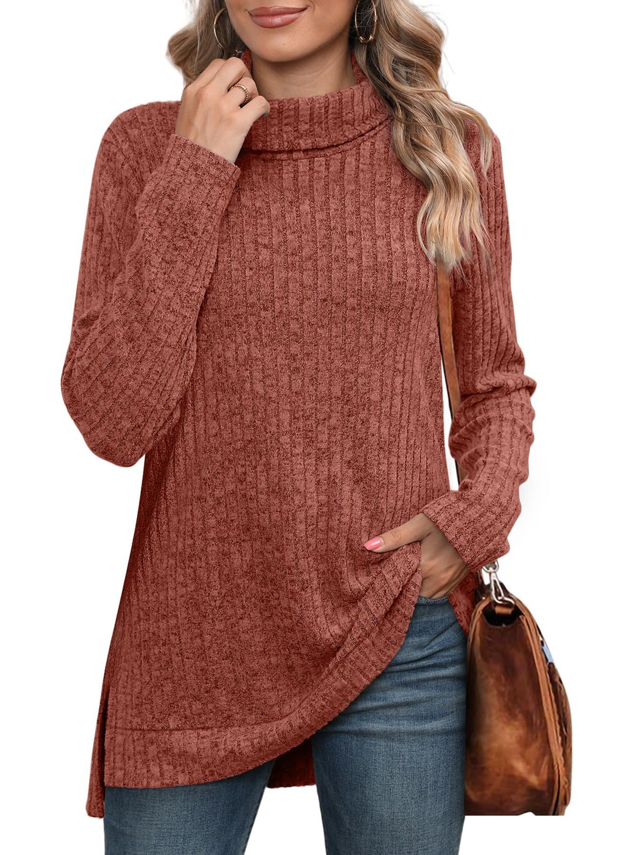 Women's Oversized Cowl Neck Long Sleeve Side Slit Tunic Top