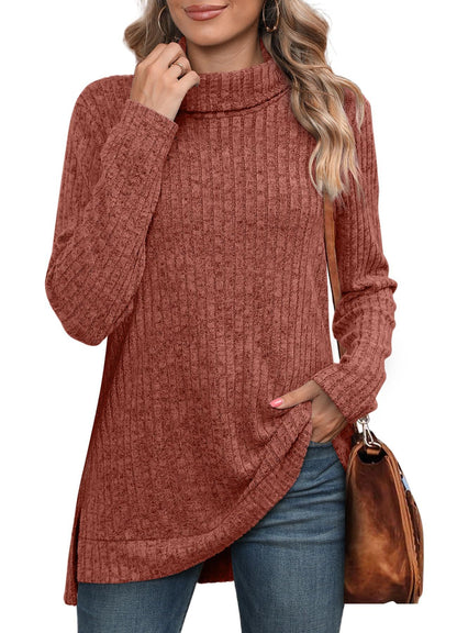 Women's Oversized Cowl Neck Long Sleeve Side Slit Tunic Top