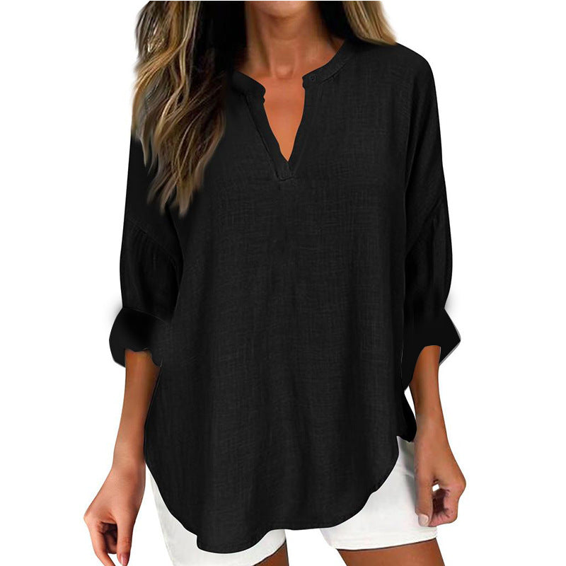 Plus Size V Neck Long Sleeve Cotton Linen Tunic Top