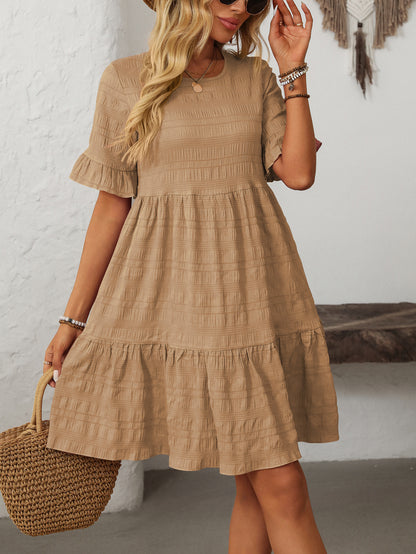 Textured Smocked Short Sleeve Tiered Midi Dress
