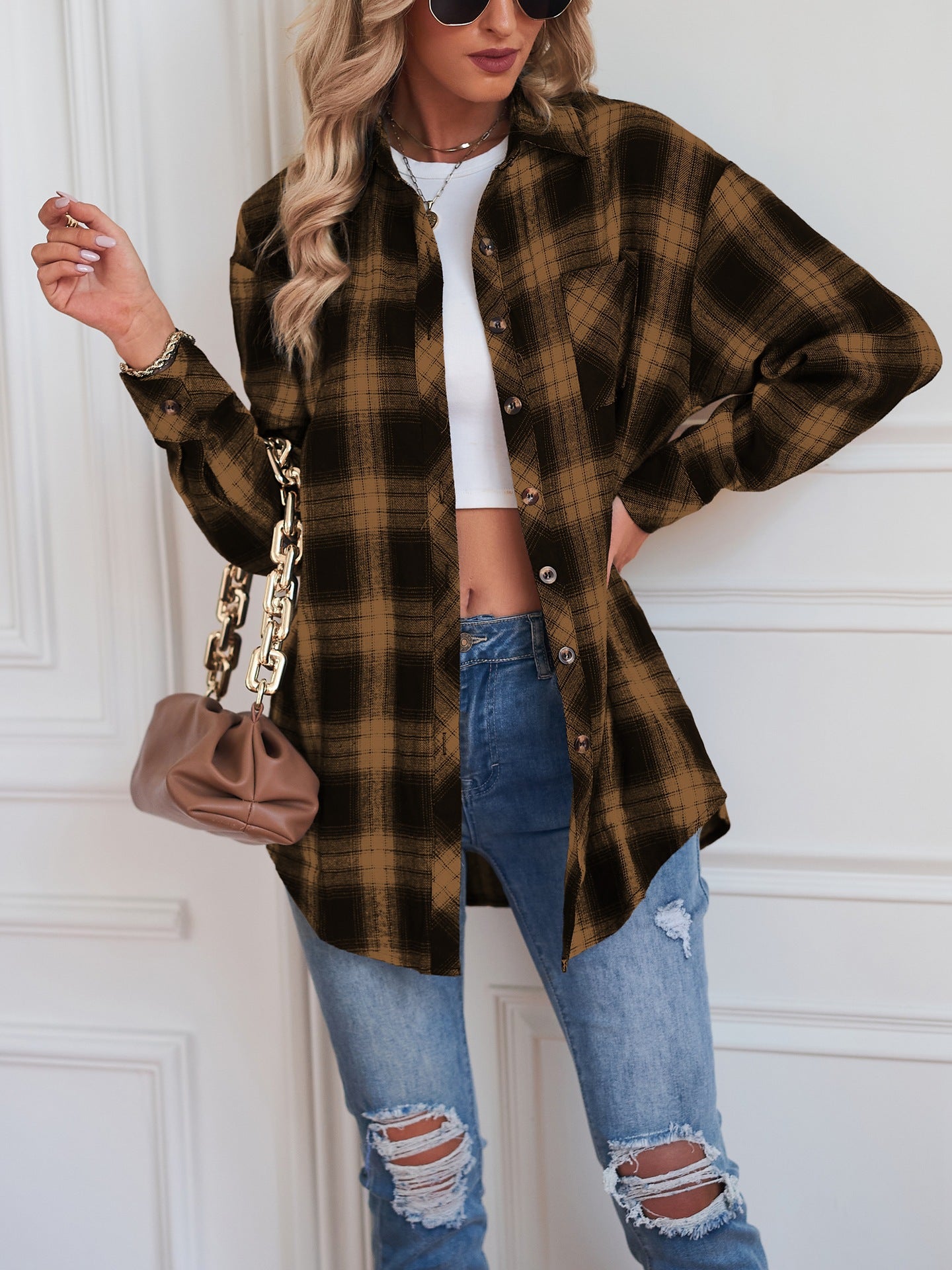 Plaid Flannel Shirt Button Front Oversized Fit