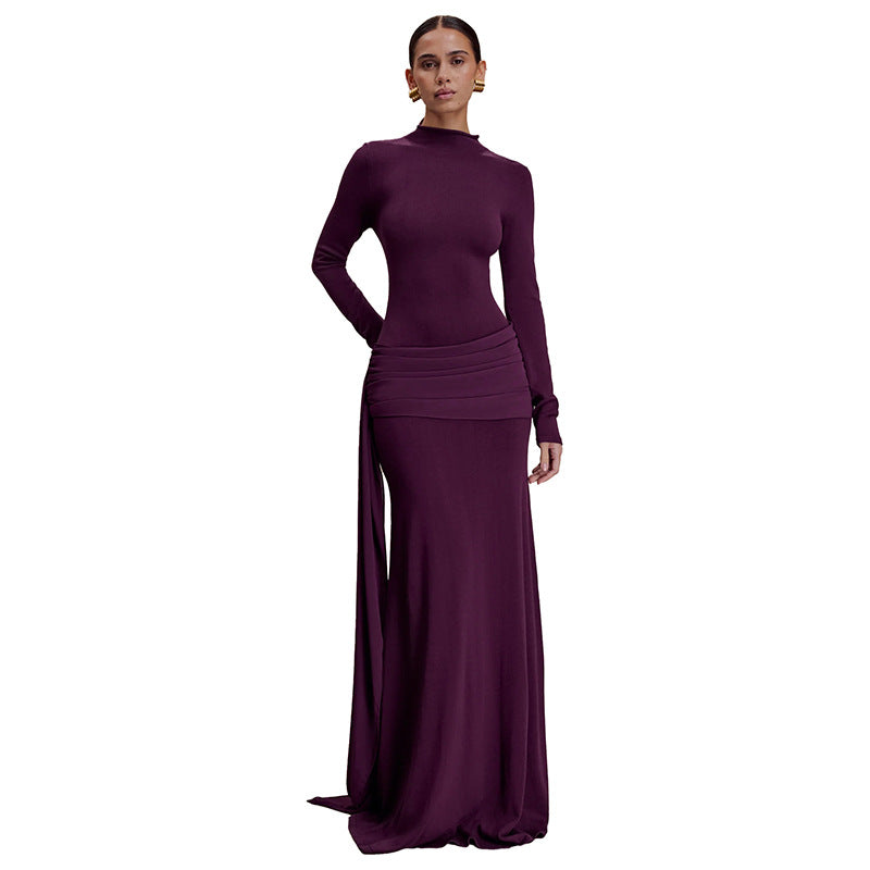 Elegant Mock Neck Long Sleeve Ruched Sash Maxi Dress