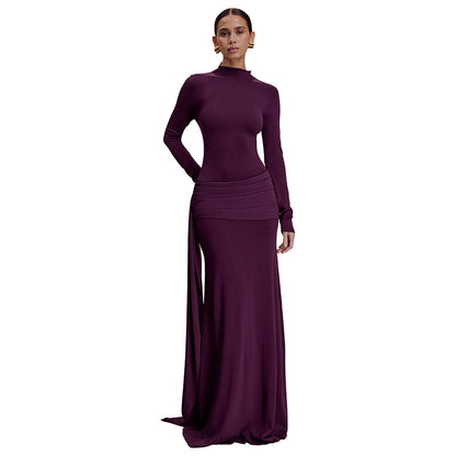 Elegant Mock Neck Long Sleeve Ruched Sash Maxi Dress