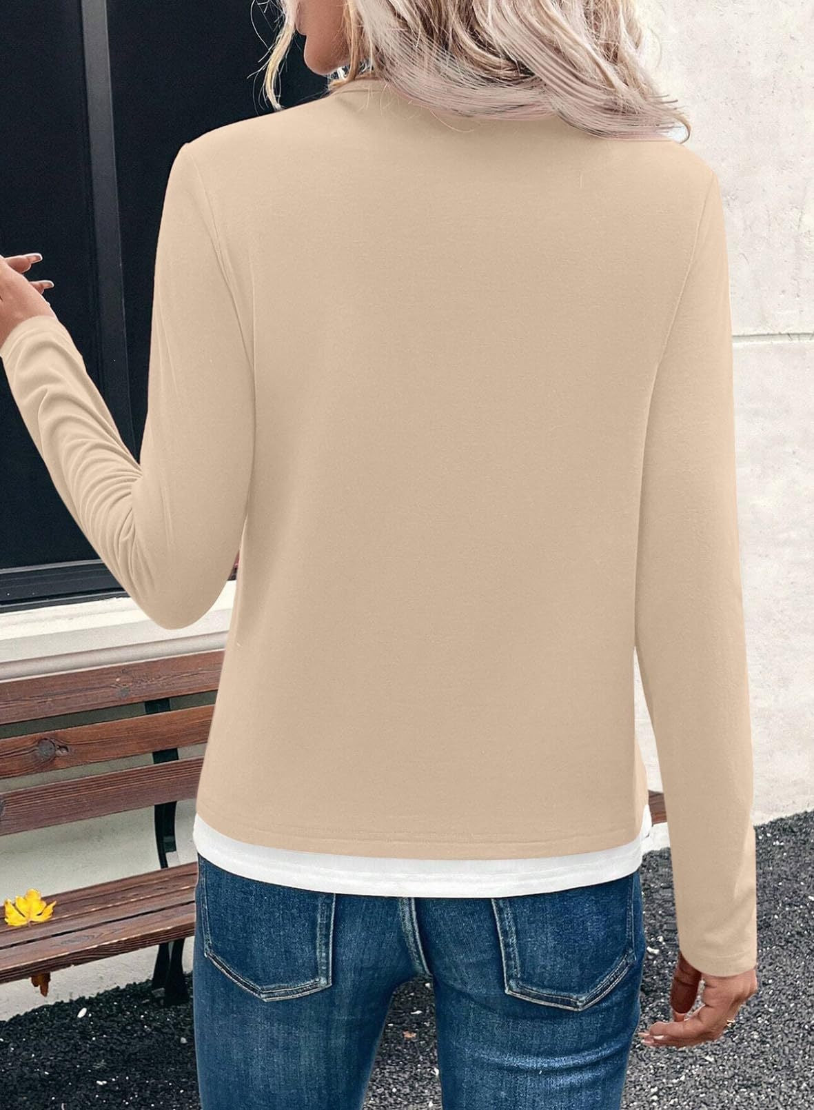 Color block layered look top split neck long sleeve