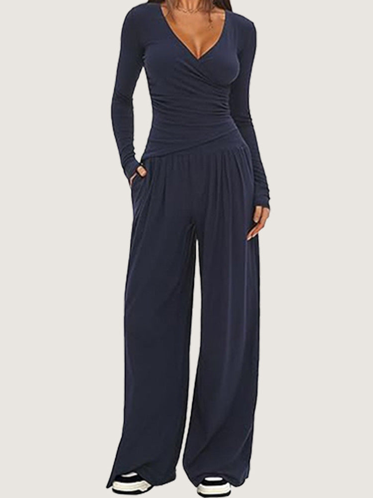 Women's 2 Piece V Neck Wide Leg Pants Lounge Set