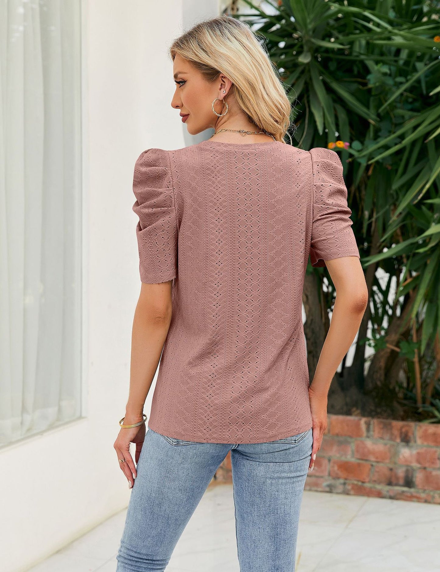Loose Fit Ruched Sleeve Lace Knit T-Shirt for Women