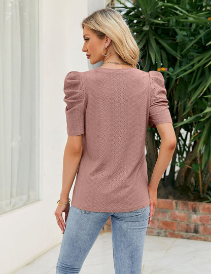 Loose Fit Ruched Sleeve Lace Knit T-Shirt for Women