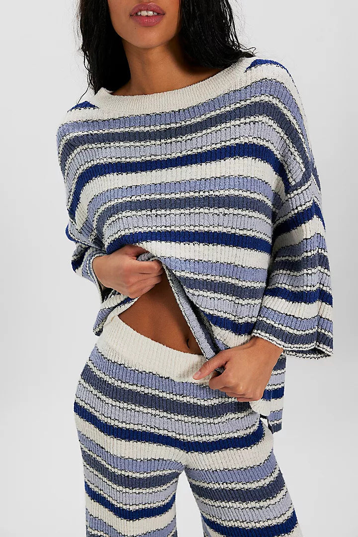 Boho Striped Knit Two Piece Set Wide Leg Pants