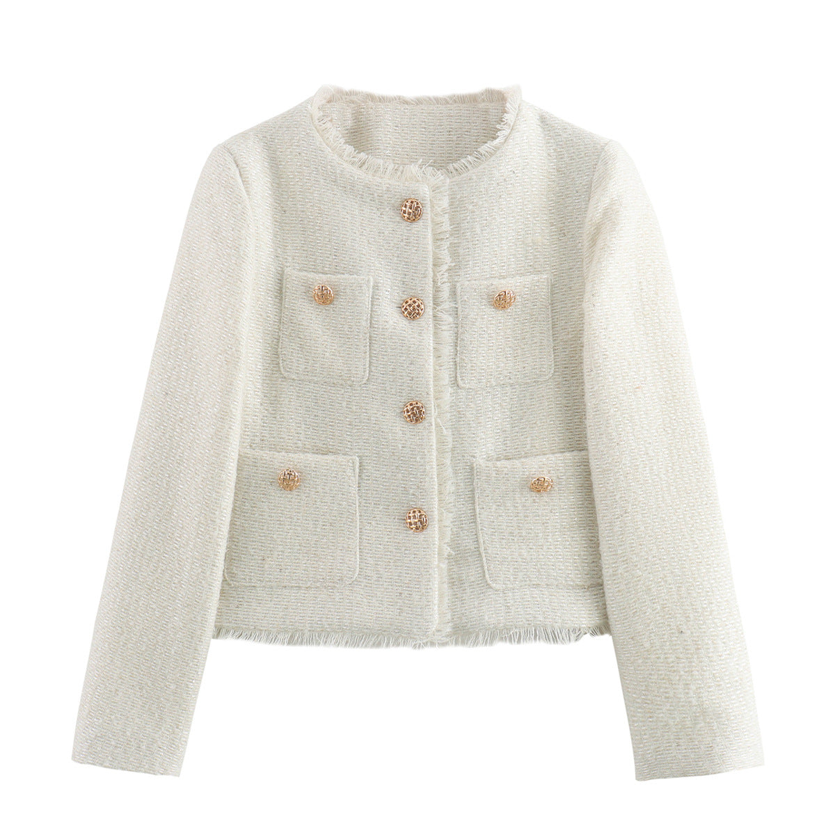 Women's Tweed Cropped Jacket Gold Button Pockets