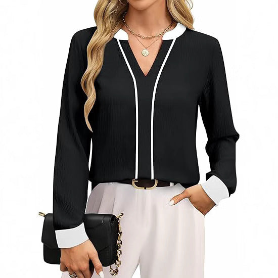 Women's V Neck Color Block Long Sleeve Business Blouse