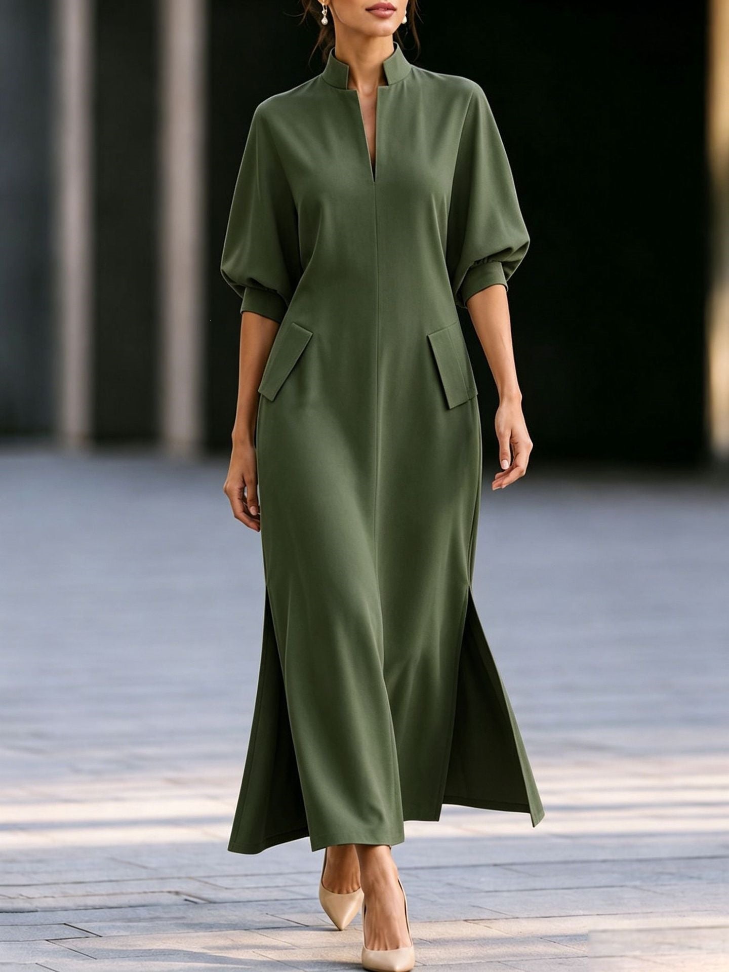 Elegant Mandarin Collar Balloon Sleeve Slit Maxi Dress