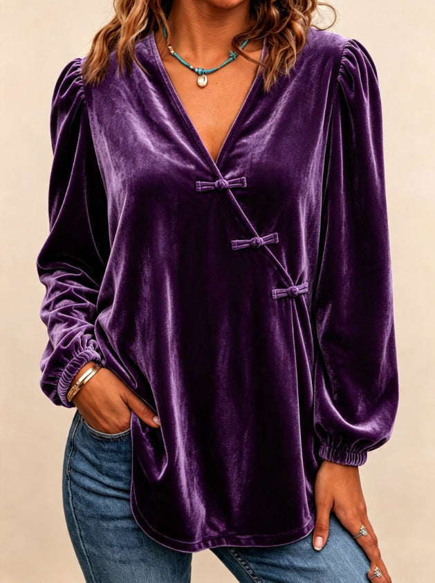 Women's Velvet V-Neck Puff Sleeve Boho Loose Top