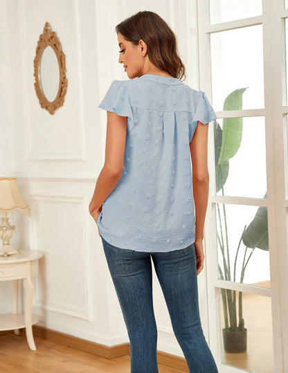 Women's V-Neck Pleated Sleeve Top with Pom Poms - Perfect for Summer