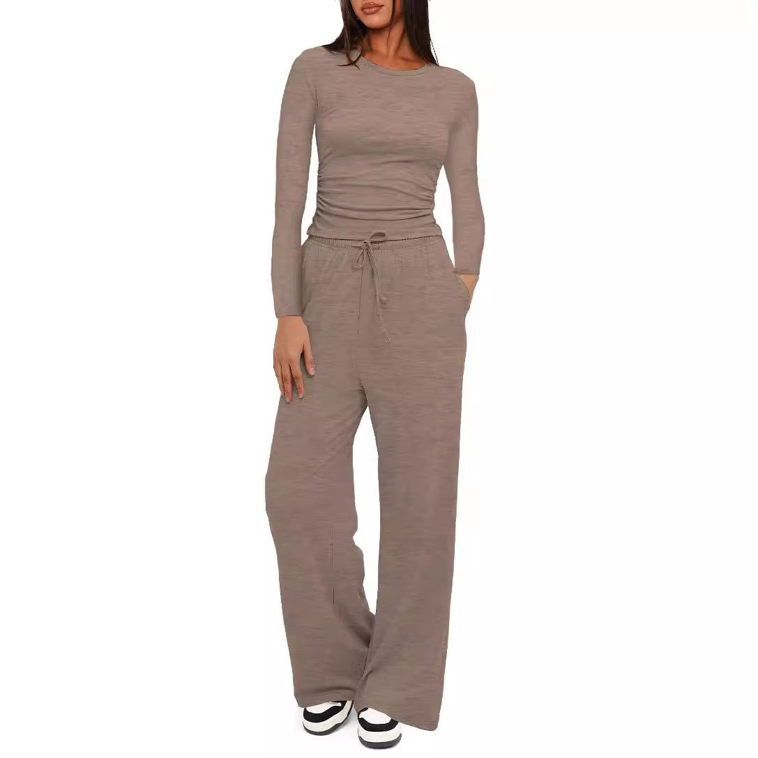 Women's Lounge Set Long Sleeve Ruched Top Wide Leg Pants