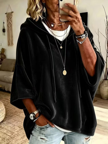 Women’s Velvet Hooded Poncho Top Oversized 3/4 Sleeve