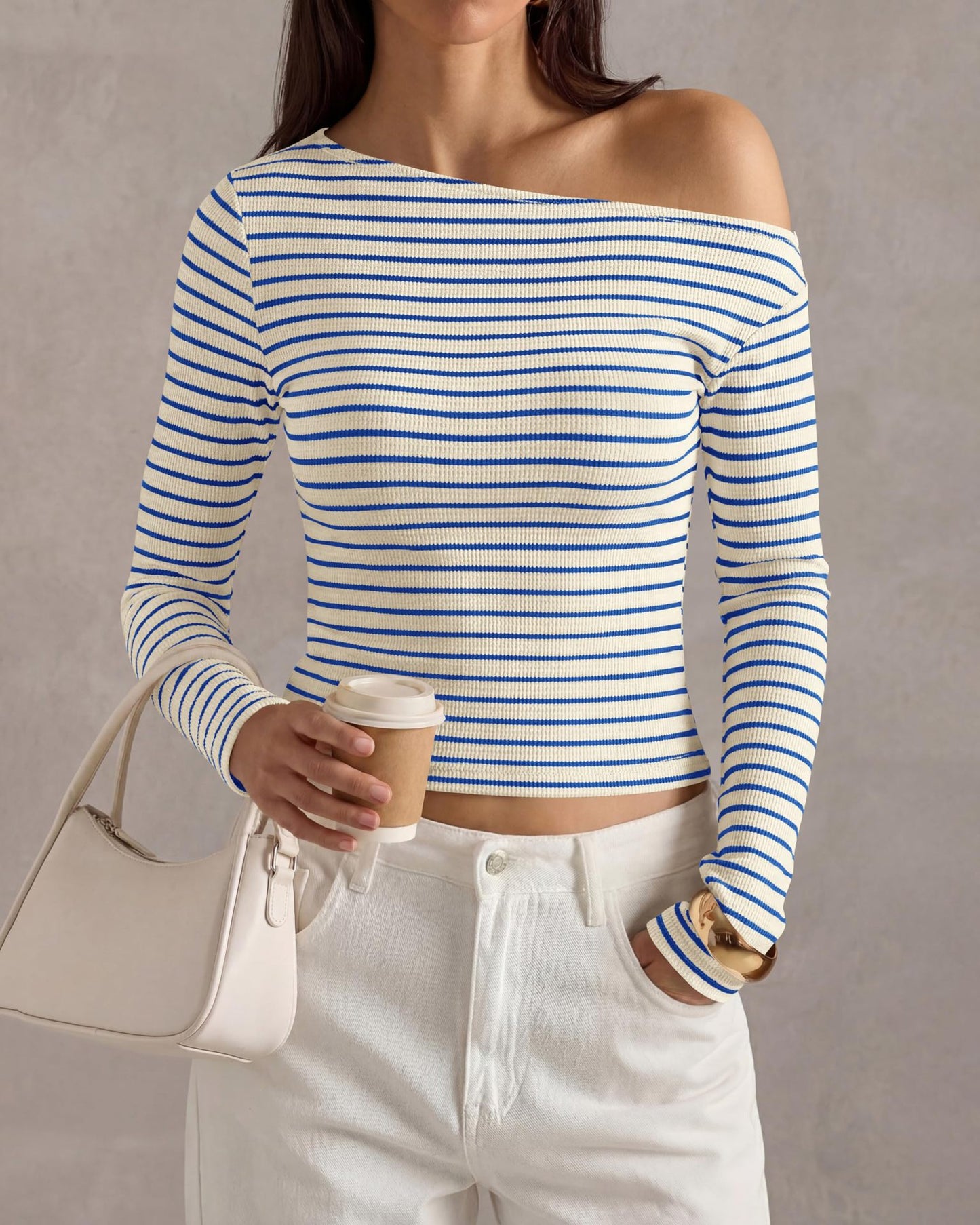 Off Shoulder Striped Long Sleeve Ribbed Knit Top Women