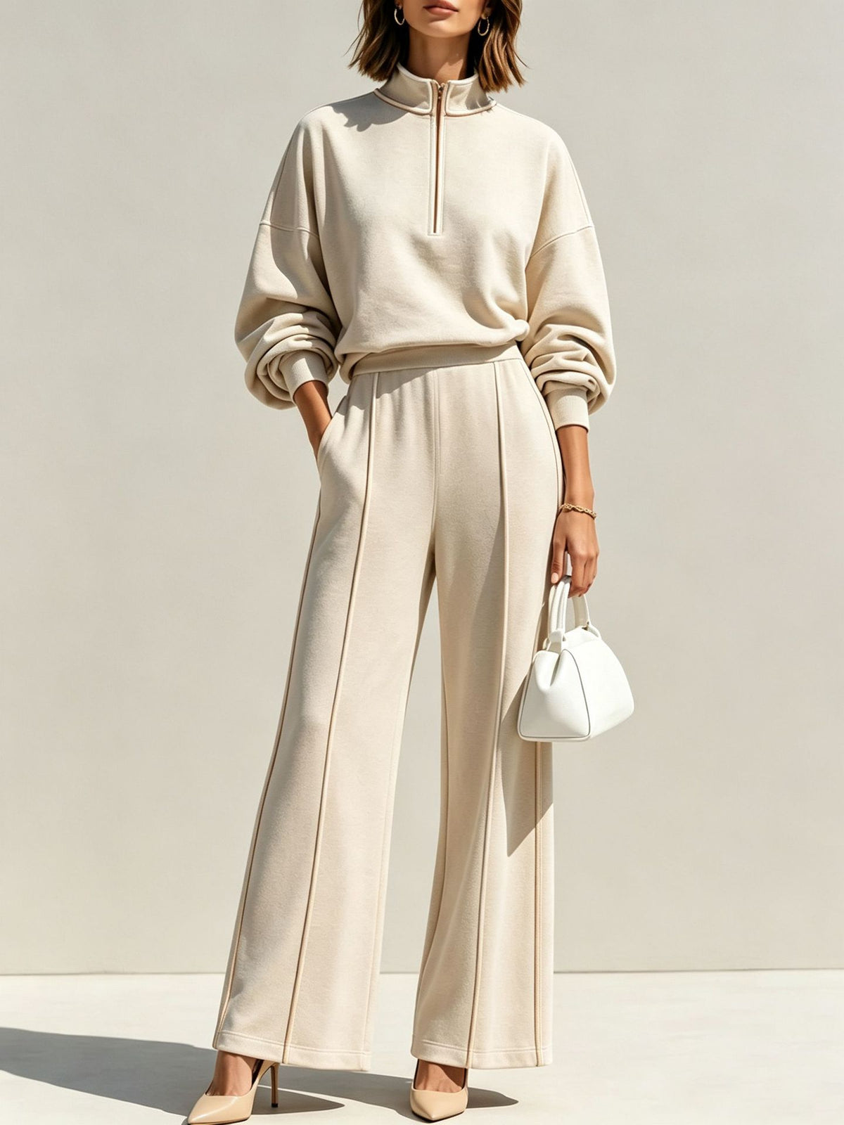 Women's Half Zip Sweatshirt Wide Leg Pants Matching Set