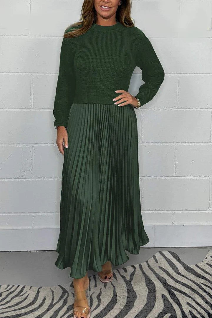 Ribbed Long Sleeve Colorblock Pleated Maxi Dress