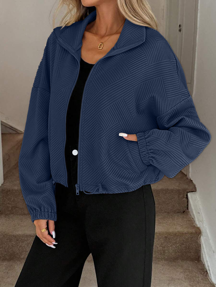 Textured Zip Up Bomber Jacket Drawstring Hem Casual Coat