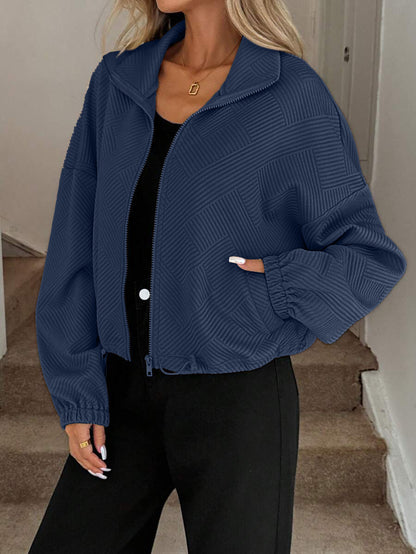 Textured Zip Up Bomber Jacket Drawstring Hem Casual Coat