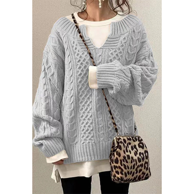 Women's Oversized Cable Knit V-Neck Pullover Sweater