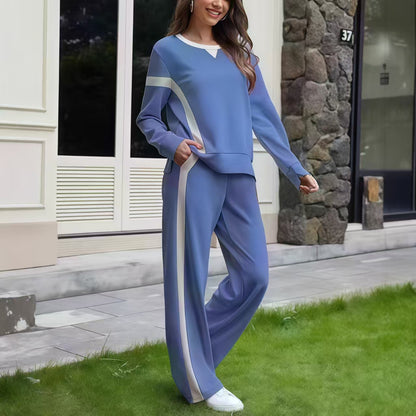 Color Block Sweatshirt Wide Leg Pants Two Piece Set