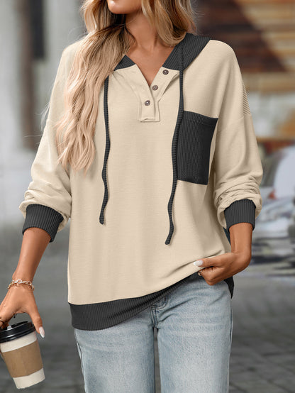 2025 Fall/Winter Colorblock Knit Trim Hoodie – Casual Pullover Sweatshirt