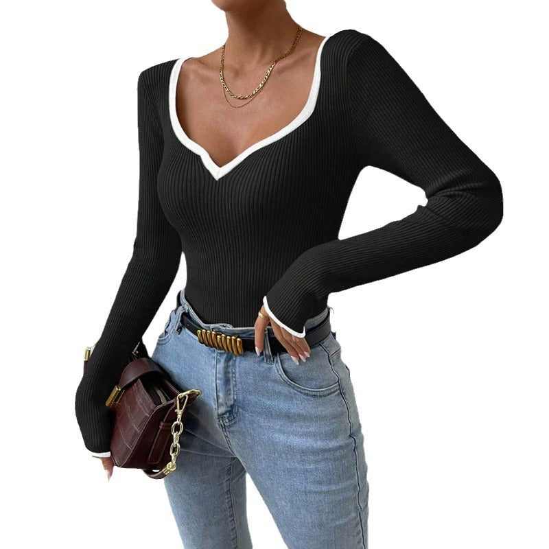Women's Contrast Trim Ribbed V Neck Fitted Knit Top