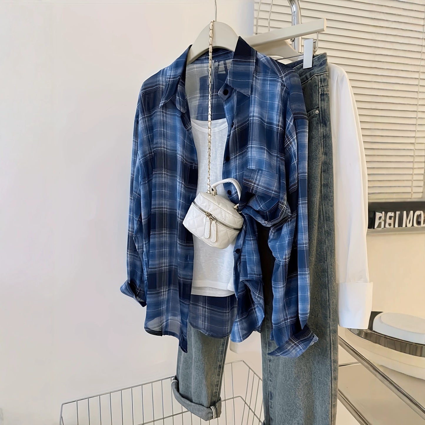 Women's Oversized Sheer Plaid Shirt Lightweight Long Sleeve