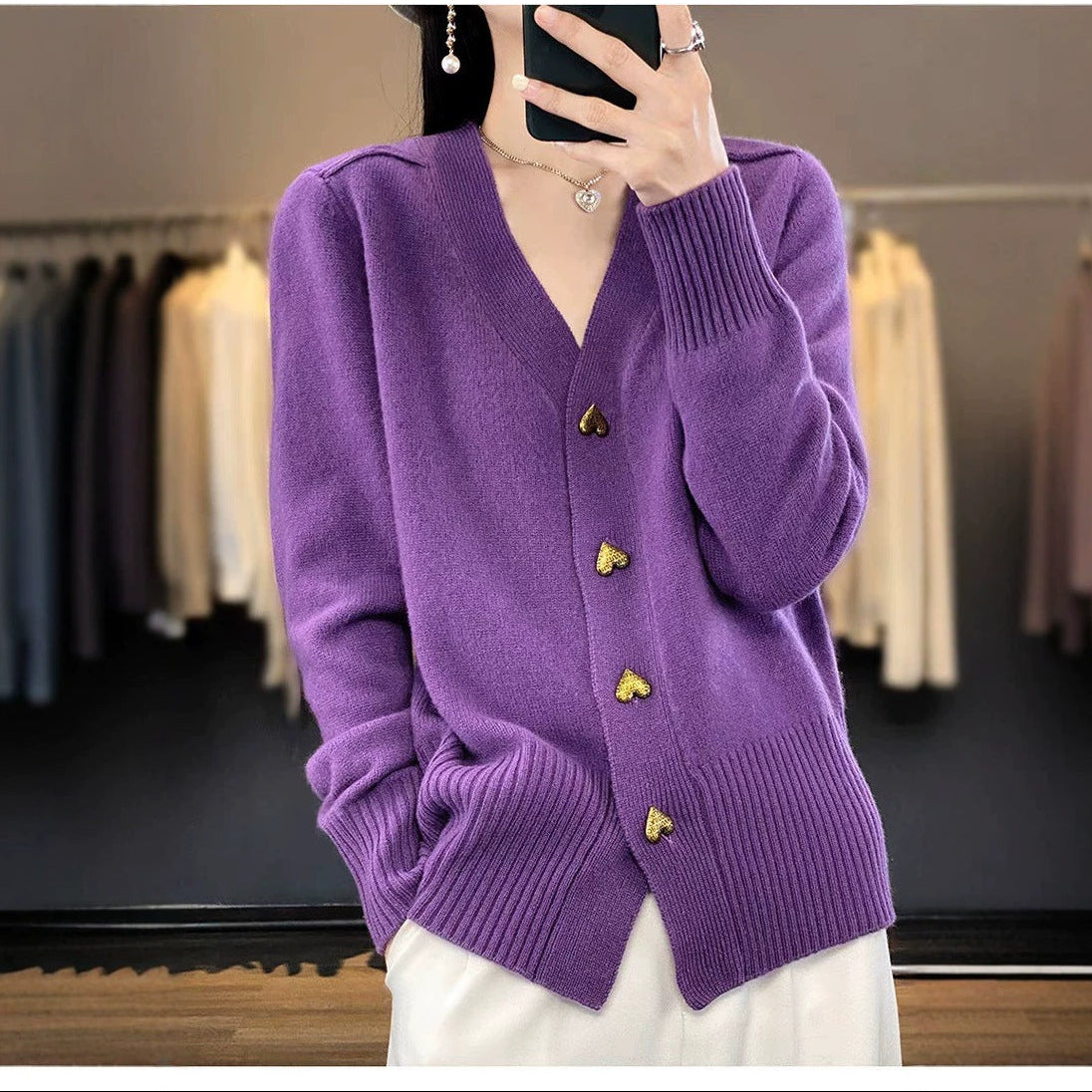 Women's Heart Button V-Neck Knit Cardigan Sweater