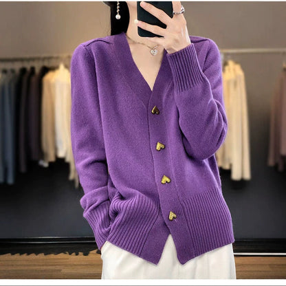 Women's Heart Button V-Neck Knit Cardigan Sweater