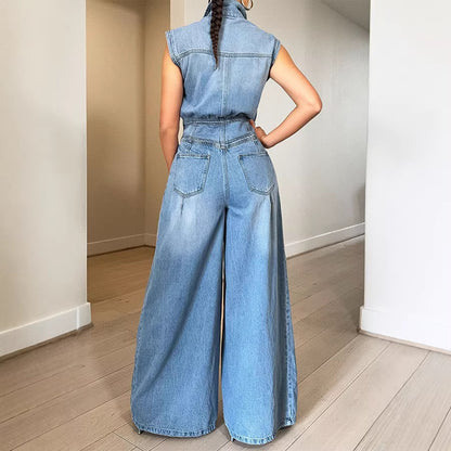 Women's Sleeveless Denim Jumpsuit Wide Leg Cargo