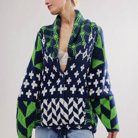 Y2K Oversized Geometric Knit Cardigan Button Front