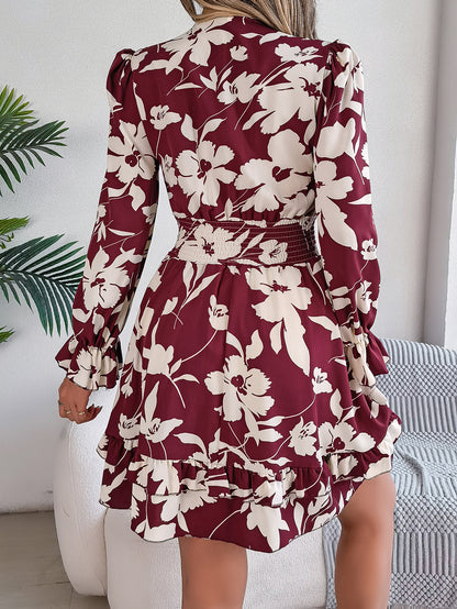 Floral V Neck Long Sleeve Ruffle Mini Dress