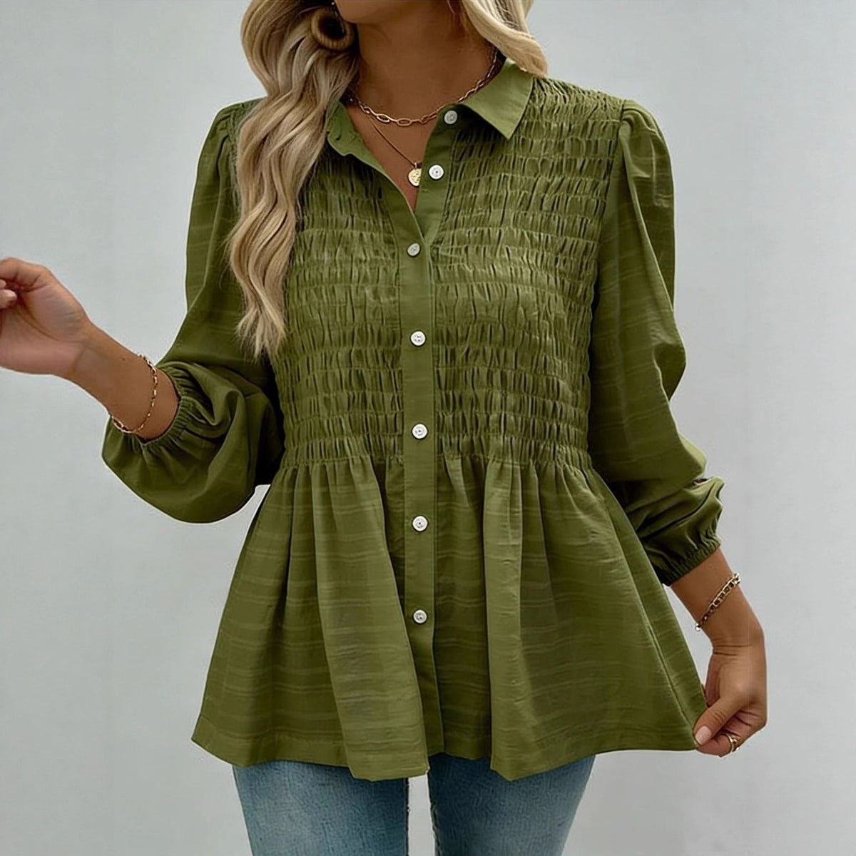 Women's Smocked Puff Sleeve Button Front Peplum Blouse