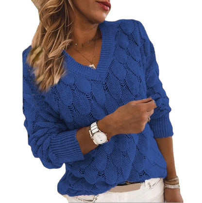 Women's Oversized V-Neck Long Sleeve Crochet Sweater