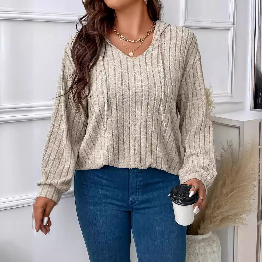Plus Size Ribbed V Neck Hooded Long Sleeve Top