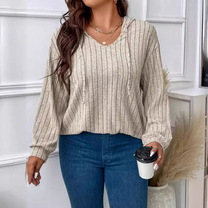 Plus Size Ribbed V Neck Hooded Long Sleeve Top