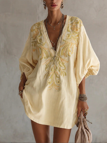 Women's Boho Deep V-Neck Floral Mini Dress with Pockets