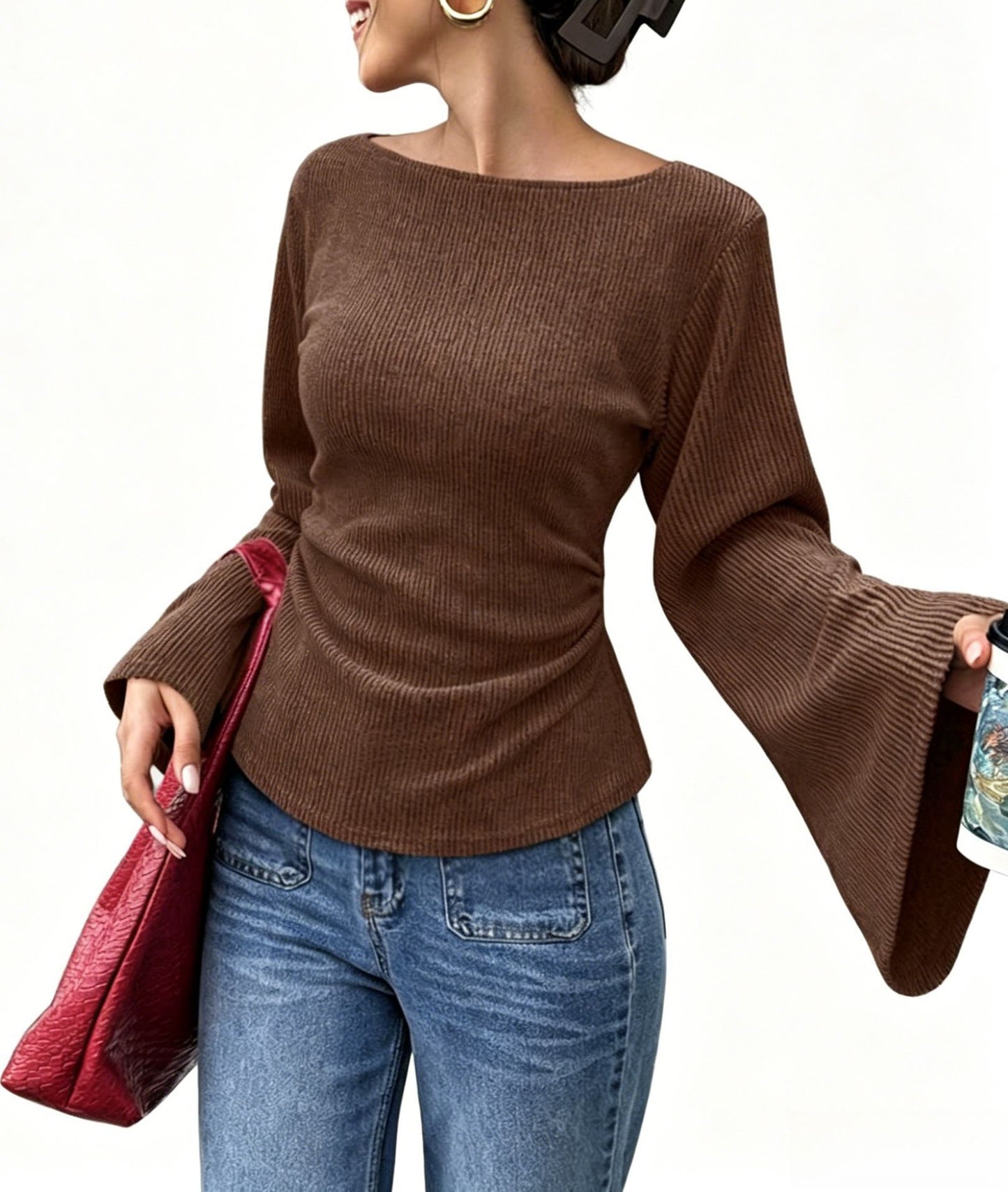 Ribbed Knit Bell Sleeve Fitted Long Sleeve Top